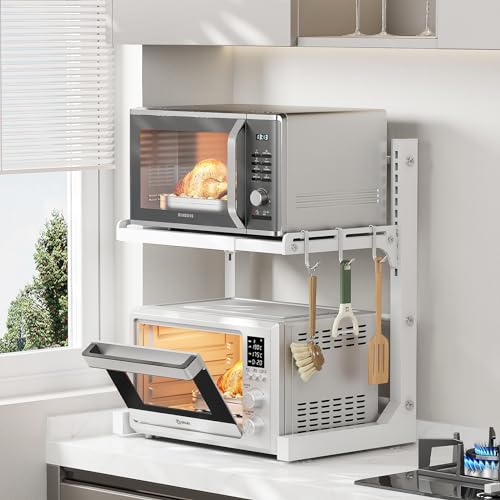 ABCOOL Estante retráctil ajustable de 2 ejes axiales para horno de microondas, estante de acero al carbono expandible y ajustable en altura con 3 ganchos de clip, soporte para horno eléctrico