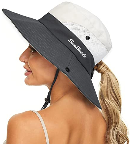 Damen Sommer Sonnenhut Pferdeschwanz Outdoor UV-Schutz Mesh Breite Krempe Faltbarer Hut mit Pferdeschwanzloch Beige Grau 7 1/4, Beige / Grau, 7 1/4