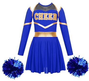 JanJean Kinder Cheer Leader Kostüm Mädchen Langarm Cheerleading Uniform Schulterfrei Kleid mit Pompoms/Harrband Schulmädchen Tanzkleid Halloween Cheerleading Outfits W Königsblau 146-152