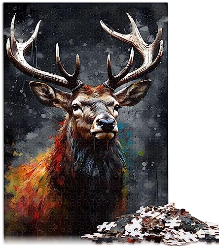 Das 1000-teilige Holzpuzzle „Hirsch-Ölgemälde-Portrait“ eignet ganze Familie und ist 19,7 x 29,5 Zoll groß