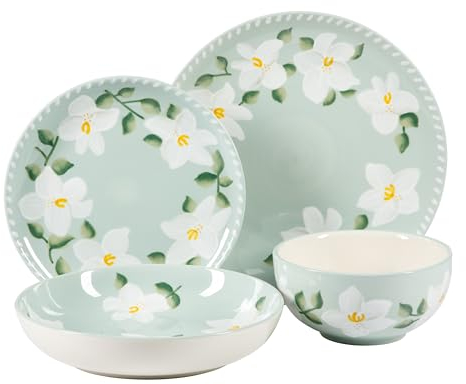 Bloomhouse - Oprah's Favorite Things – Magnolia Bloom 16-teiliges Geschirrset aus handbemaltem Steingut, Teller und Schalen, florales Geschirr-Set