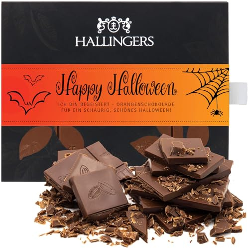 Hallingers Genuss Manufaktur Schokolade Glückwunsch-Geschenk - Tafel handgeschöpften Edelkakaos ohne Alkohol edler Karton Happy Halloween Orange, Geschenkidee für Frauen Männer