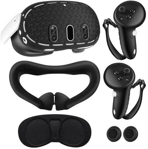 HCHRVR Silicone Cover Set for Meta Quest 3, VR Headset Shell Cover, Face Cover, Controller Grips, Protective Lens Cover, Black