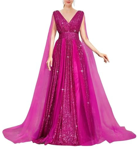 HPPEE Vestidos de fiesta de lentejuelas vestidos de baile con cuello en V de tul vestidos de noche formales brillantes vestido de fiesta de boda WYX471, fucsia, 34