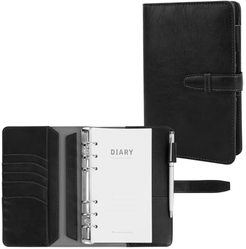 Skycase A6 Ringbuch aus PU-Leder, 6-Ring-Notizbuch, nachfüllbar, Planer-Ordner für A6, schwarz