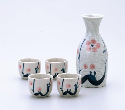 JapanBargain 4979 - Juego de porcelana japonesa de sake de ciruela, jarra de sake, botellas de sake para servir sake caliente y frío, fabricado en Japón, blanco, 8.5 onzas