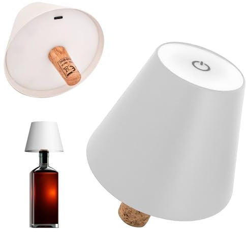 MAKA Lampada per Bottiglia con Tappo in Sughero Luce Tavolo Scrivania senza Fili 3 Temperature Luce Calda Naturale Fredda 200 Lumen 7 Ore Autonomia Ricarica USB IP20 Luminosa Bar Ristorante (Bianco)