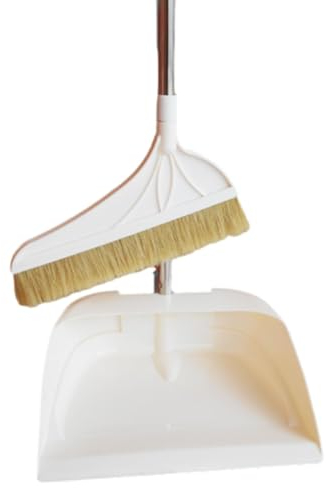NIBHZ Broom with Dustpan Combo Set Long Handle Adjustable Length Stainless Steel Broomstick Standing Dust Pan and Broom Set for Office Home Kitchen Lobby Floor Cleaning,White-Pig hair