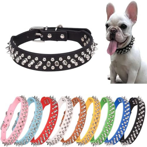 Hundehalsband mit Stacheln, Vollmetallschnalle, Nieten, Punk-Pilze, Katzenhalsband, verstellbar, für XS, S, M, L, XL, Welpen, Kätzchen, Jungen, Schwarz, S