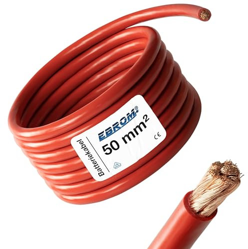 EBROM - Cavo batteria da 5 metri - cavo positivo - rosso - 50 mm2 | 50 mm² | 50 mm2 - rame pieno 99,9% cavo di alimentazione in rame OFC, lunghezza: 5 metri