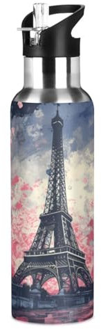 Wzzzsun Paris Tour Eiffel Rose Isotherme Bouteille d'eau avec Paille, Gourde Sport en Acier Inoxydable 600ML Gourdes sans BPA pour Enfant Garçon Fille École Bureau