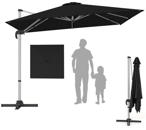 RELAX4LIFE Ombrellone da Giardino Quadrato 3×3M, Ombrellone Impermeabile e Girevole a 360°, Altezza e Angolo Regolabile, Ombrellone Parasole da Esterno per Giardino/Balcone/Terrazzo (Nero)