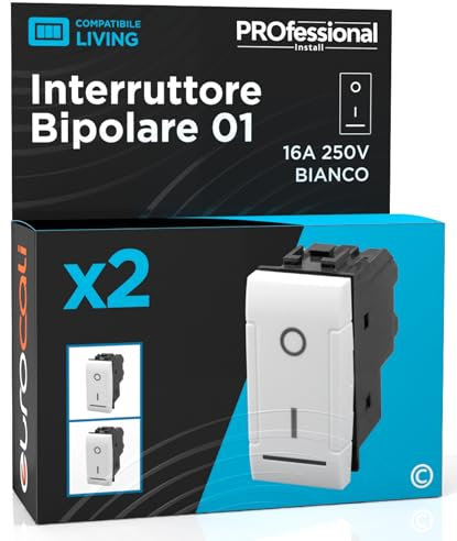 Interruttore Bipolare di Corrente 16A 250V I/O Compatibile con BTicino Livinglight a Incasso da Muro Frutti Elettrici Colore Bianco - Confezione da 2