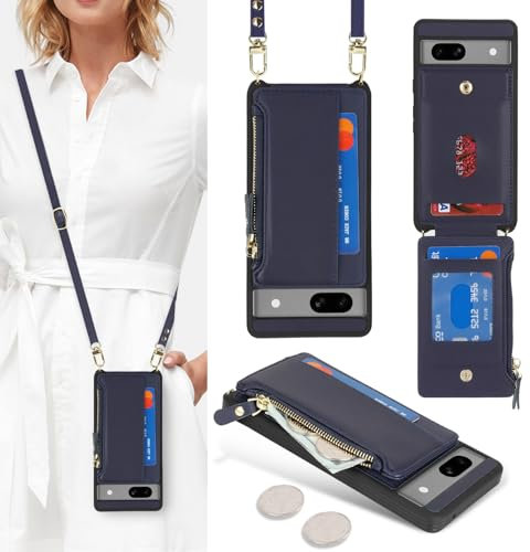 SailorTech Google Pixel 7a Handyhülle Mit Kartenfach, Verstellbarer Halskette Und Reißverschluss-Geldbörse - Blau