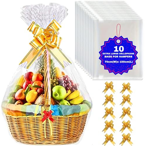 MAARA Extra Large Cellophane Wrap Bags For Hampers, Pack Of 10 (70CMX100CM/30X40) Clear Hamper Basket Gift Bags For Present Packaging, Hamper Wrapping Cellophane With 10 Pull Bows