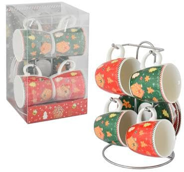 MA MAISON Linea Cookies in Ceramica Set Regalo Natalizio -Tazza Mug Teiera di Natale e Tazzine da Caffè - per Bevande Fredde e Calde Fantasia Biscotti (4 Tazzine + Stand)