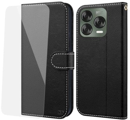 NP-Caser Handyhülle für ZTE Blade V70 Vita Hülle [mit Panzer Schutz Glas], Premium Lederhülle mit Kartenfächern [Klappbar Flip case] [Standfunktion] Handy Schutzhülle für ZTE Blade V70 Vita, Schwarz