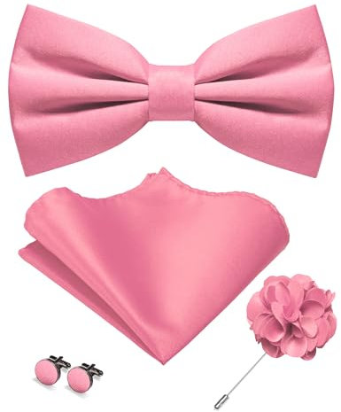JEMYGINS Herren Matte Einfarbige Fliege mit Taschentuch Manschettenknöpfen und Ansteckblume Set Rosa