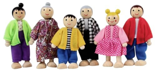 Holzpuppen 6 Familienpuppen Haus Menschen, Holzpuppenhaus-Figuren Dress Up Happy Family Puppen mit niedlichen Ausdrücken für Jungen und Mädchen Geschenk