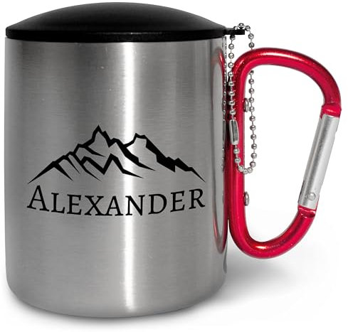 Edelstahl-Tasse personalisiert mit Karabiner und Deckel „Berge“ - Geschenk mit Bergen für Männer & Frauen - Edelstahlbecher mit Deckel und Namen – Outdoor Camping (Roter Griff, Mit Deckel)