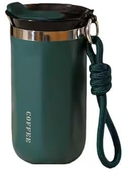 DRUCK SOLUTIONS Stylischer Thermobecher Trinkbecker 320 ml, Isoliert aus Edelstahl, mit Trageriemen und Deckel, Auslaufsicher, 4 Farben Ideal für Heiß- und auch Kaltgetränke Coffee to go (grün)
