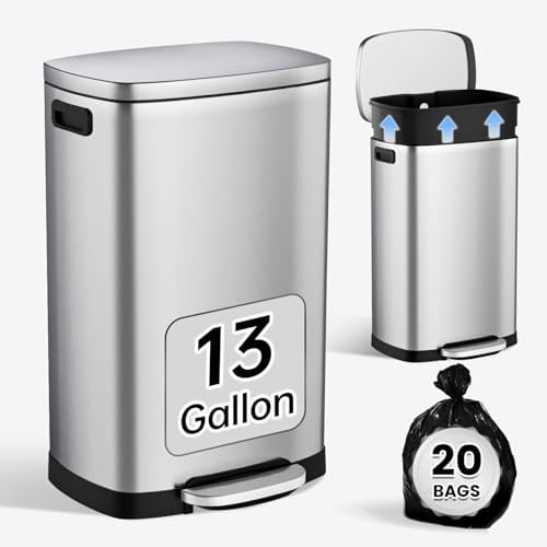 ELPHECO Kitchen Trash Can with Lid 13 Gal Stainless Steel Pedal Garbage Can