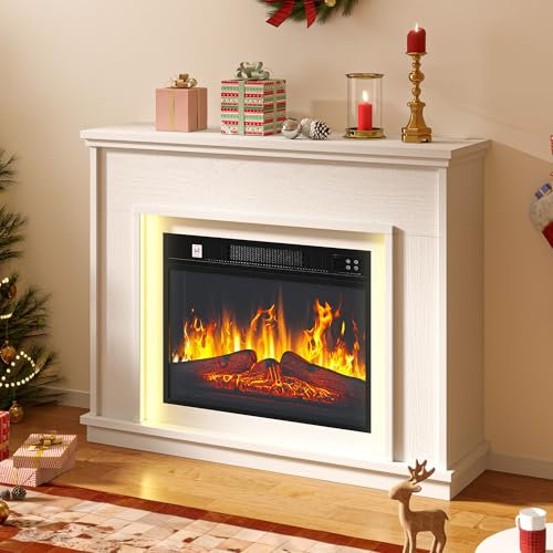 DWVO Electric Fireplace, Electric Fire and Surround Suite 39 and Realistic Flame Effect Fire,White FirePlaces Reach up to 30㎡ Space with Programmable Timer and LED Light Strip, 100x26x80.5CM
