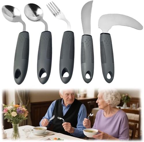 XSQD 5 Piezas Fijo Doblar De Cuchillo Cuchara Tenedor, Cubertería De Parkinson, Utensilios Mesa Auxiliares Dietéticos (Con Correa Fijación), Adecuado Personas Con Dificultades Mano Ancianos