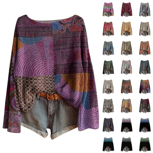 DUHGBNE Maglione Cotone Donna Maglione Girocollo Donna Bohemien Bordo Irregolare Che Lavora Manica Lunga Felpa Elegante Senza Cappuccio vestibilità Classica Cotone Invernale