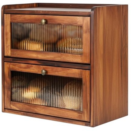 Tatqilo Double Decker Bread Box, Wooden Large Bread Bin for Kitchen, Bread Bins with Stiped Window Door Pancel, Bread Storage for Homemade Bread, Brown(14.4x9.4x13.4)