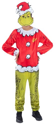 Smiffys Kids Dr Seuss The Grinch Santa Costume, Official Licensed Christmas Fancy Dress Jumpsuit & Mask for Children, Festive Holiday Outfit for Book Week & Christmas Parties