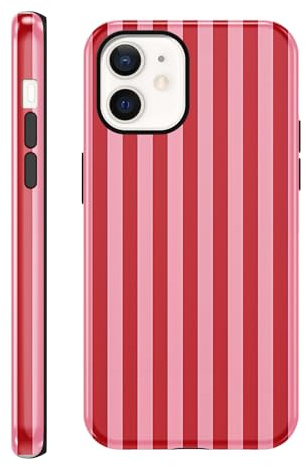Coalbooliy Handyhülle Streifen für iPhone 12 Pro/ 12, Aesthetic Sommer Gestreift Striped Frauen Frühling Bunt Mädchen Muster 2 in 1 Case Silikon Schutzhülle Print Design Kratzfest Cover, Rot