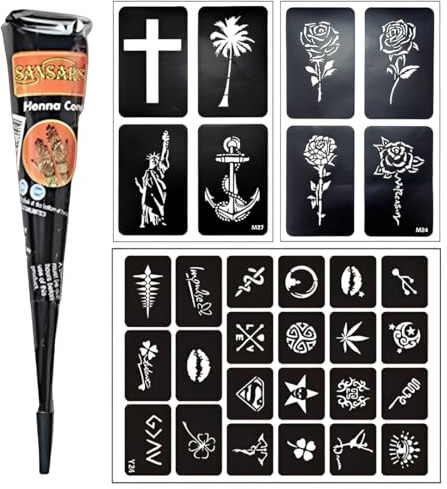 NHPY 4 Stück Hen_na Tattoo Schwarz,Temporäre Tattoos+30 Hen_na Tattoo Schablone,Temporäre Mehndi Tattoos,Natürliche Kegel,Tattoo Sticker,Temporäre Tätowierung Schwarz,Tattoo Farbe Schwarz