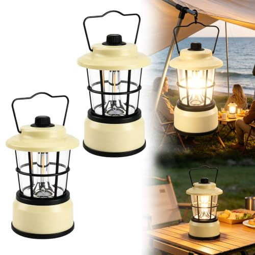 Lampe De Camping LED à Piles: 2 Pièces Lanterne Camping Rétro, Luminosité Réglable & 2 Modes D’éclairage, Lanterne LED Portable Ultra-Lumineuse, Lampe Suspendue étanche Pour Extérieur (Blanc)