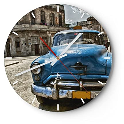 Modern Wanduhr Auto Retro Kuba Havanna 30x30cm Rund Klein Wand Uhr Glas Analog Zimmeruhren Küche Büro Wohnzimmer Glasuhr Wall Clock Dekoration Design Wanddekoration Küchenuhr C3AR30x30-2461