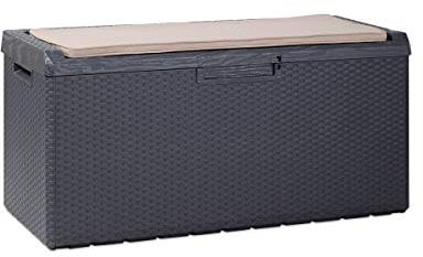 Toomax Aufbewahrungsbox für den Garten, mit Sitz und Kissen, Deckel mit Kolben, Holz-Finish, Maße 123 x 54 x 59 cm, 340 l, Anthrazit