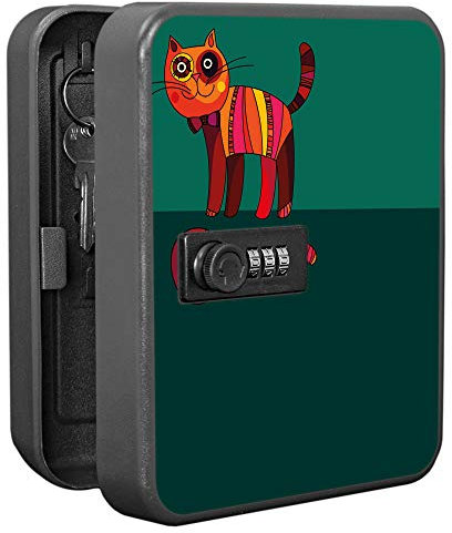banjado Burg-Wächter abschließbarer Schlüsselkasten für 20 Schlüssel/Schlüsselkasten mit Zahlenschloss 16x20x8cm groß/Schlüsselschrank aus Stahlblech schwarz/Motiv Orange Katze