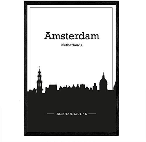 Nacnic Plakat mit Karte von Amsterdam - Niederlande. Skyline Blätter mit Städten in Europa mit schwarzen Schatten. A4-Format