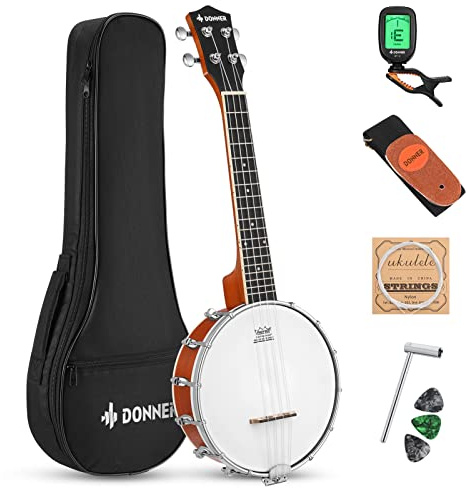 Donner Banjolele Banjo-Ukulelen-Set, 4-saitig, Musikinstrumente für Erwachsene, Anfänger, mit Banjo-Stimmgeräten, Gigbag, Plektren, Skelett, 58,4 cm Sapeli