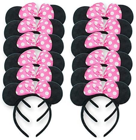 JORCEDI 12 Pcs Mickey Minnie Mouse Costume Deluxe Fabric Ears Headband White Polka Dots Bow Boys Girls Birthday ,Baby Shower Headwear Halloween Party Favors Decorations (Pink)