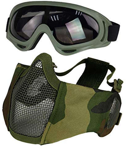 Yzpacc Airsoft Maske mit Brille, Faltbare Half Face Airsoft Mesh Maske mit Gehörschutz für Paintball Schießen Cosplay CS Spiel (Grün 2)