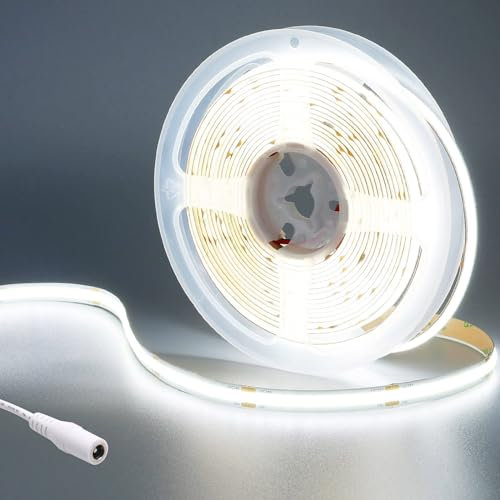 GOMING 24V COB LED Strip Kaltes Weiß 6000K 5M LED Streifen 480LED/M LED Band Selbstklebend CRI 93+ Hohe Helligkeit 4500lm Nicht Wasserdicht IP20 Lichtband für Innen Heim Deko(Netzteil nicht Enthalten)