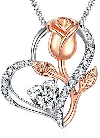 Praelinos Love Heart Pendant Necklace for Women 18K White Rose Gold Plated Rose Flower Silver Tone 5A Cubic Zirconia Christmas Valentine Mother's Day Birthday Jewellery For Her Mom Wife Girls