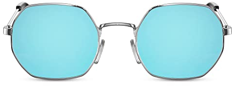 Cheapass Sonnenbrille Kleine trendige achteckige silberne Metallfassung mit recycelten blauen verspiegelten Gläsern UV400-Schutz Herren Damen
