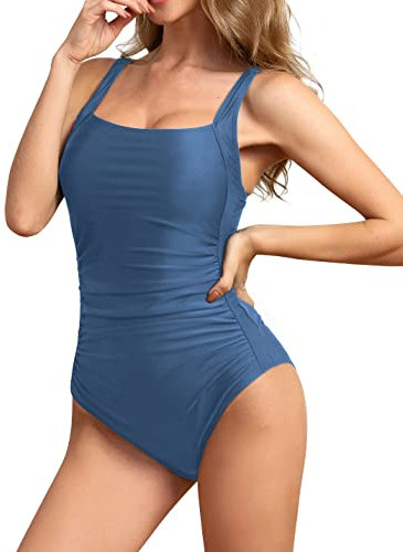 Brosloth Damen Badeanzug Badeanzüge Einteilige Bauchweg Bademode Swimsuit One Piece Push Up Badeanzüge Plus Size Badebekleidung (Stahl Blau,XXL)