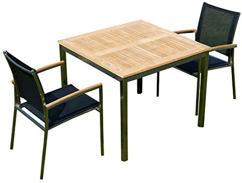 ALEOS. Gartengarnitur Edelstahl Batyline A-Grade Teak Holz Set: Tisch 90x90 cm + 2 Sessel Serie Kuba-SCHWARZ Gastroqualität