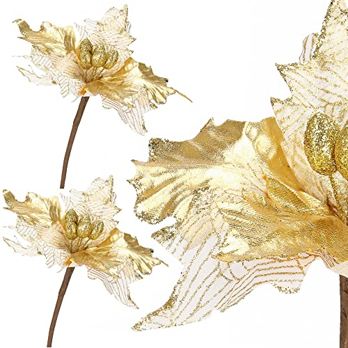 SPRINGOS Flor artificial de Navidad de 26 cm, color dorado, tallo único, planta artificial, hermosos sépalos
