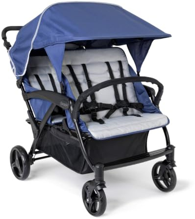 Gaggle By Foundations Odyssey 4-Sitzer-Vierlingskinderwagen, 4-Sitzer-Kinderwagen für die Kindertagesstätte, 4-Sitzer-Kinderwagen mit Verdeck und Sitzbänken, 5-Punkt-Gurt, Fußbremse Blau