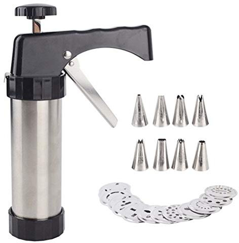 Faruxue DIY Cookie Press Gun Kit Stainless Steel Biscuit Press Cookie Icing Gun Set with 13 Discs and 7 Icing Tips Ideal for Biscuit, Cake, Churro, Cookie
