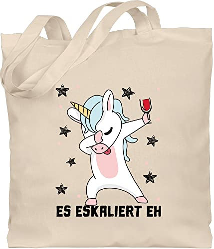 Shirtracer Baumwolltasche - Party & Alkohol Damen - Es eskaliert eh Einhorn mit Weinglas - Unisize - Naturweiß - einhorn, sauf sprüche einhörner trinksprüchen eskalieren saufgeschenk festival trink